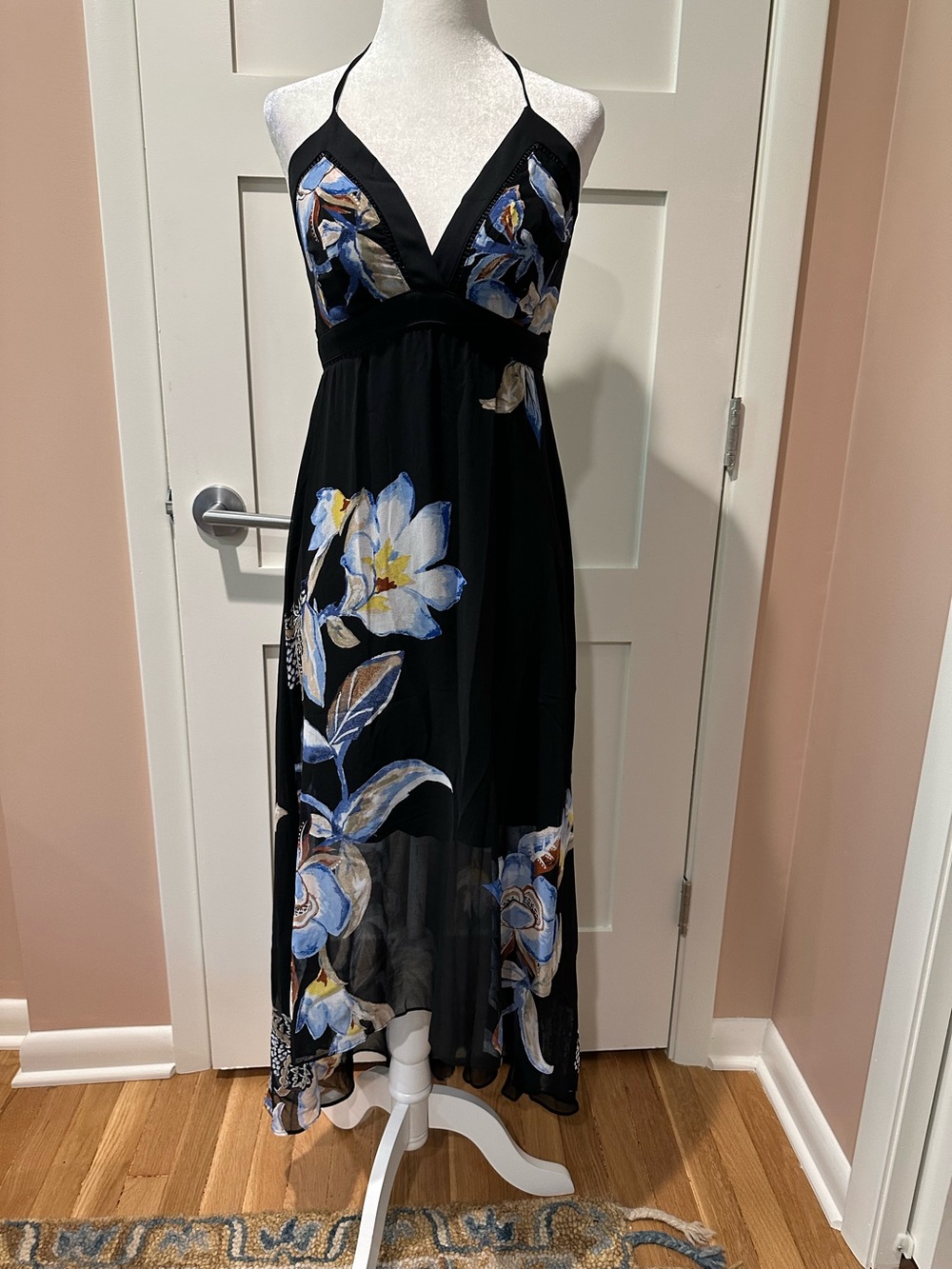 White House Black Market size 2 black with floral halter dress with high low hem
